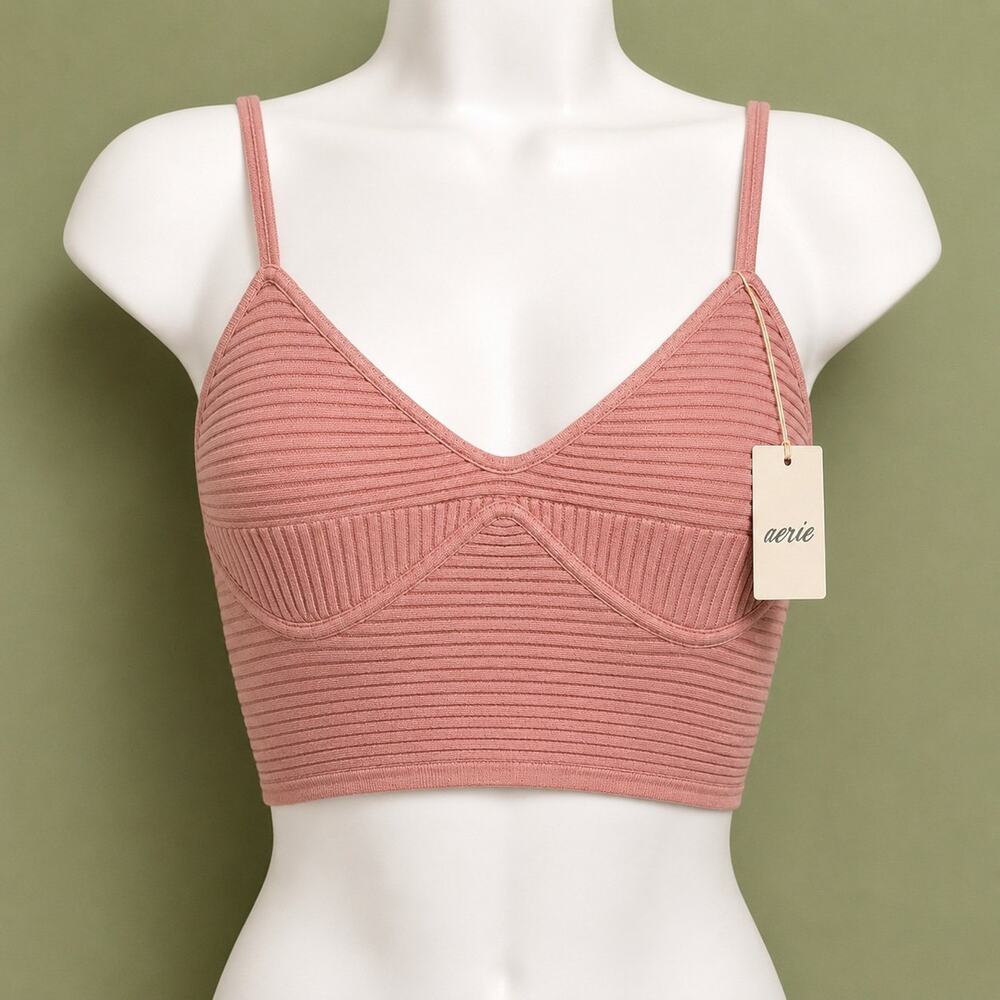AERIE Women's Pink Knit Ribbed Corset Sweater Crop Tank Top SZ XL